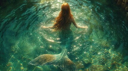 Beautiful redhair girl swimming. Pretty mermaid woman tail water reflection. Attractive sexy female model. Nature beauty. Clean water. Mystical wet fairytale siren creature. Ocean legend aerial view.