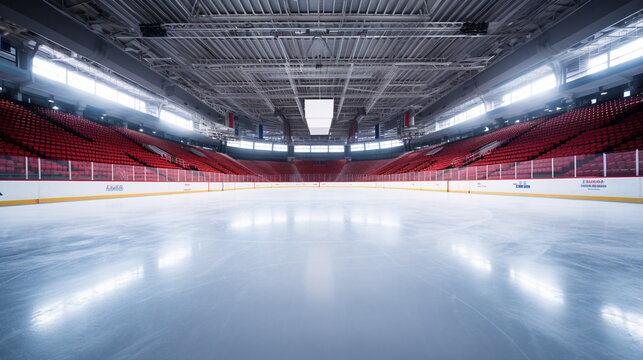 A professional ice hockey rink brightly illuminated by powerful spotlights in an ice arena.