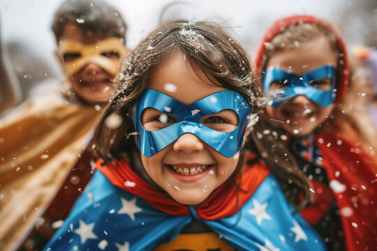 Cheerful children in superhero costumes at carnival