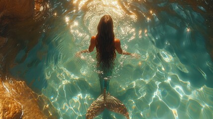 Beautiful brunette girl swimming. Pretty mermaid woman tail water reflection. Attractive sexy female model. Nature beauty. Clean water. Mystical wet fairytale siren creature. Ocean legend aerial view. - obrazy, fototapety, plakaty