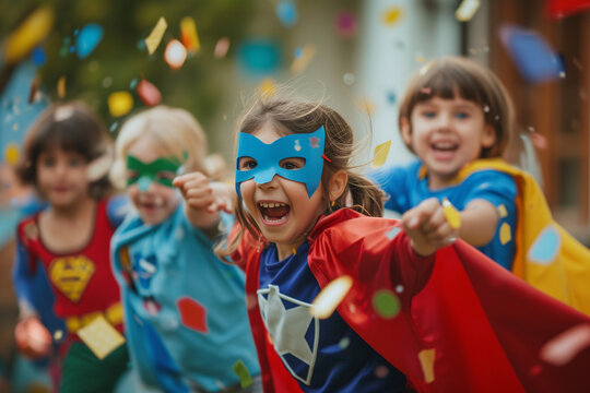 Cheerful children in superhero costumes at carnival