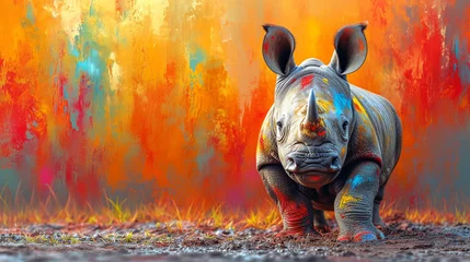 Fotobehang detailed illustration of a print of colorful cute rhino © Adja Atmaja