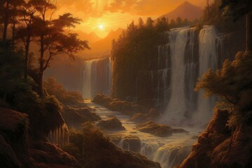 A radiant sun shines on a majestic waterfall with cascading water. Generative AI