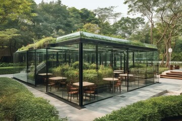 Plant-filled glass structure with tables, lush vegetation, open lawn area. Generative AI