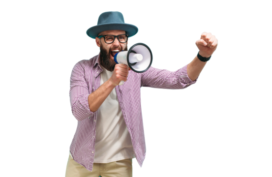 Funny portrait of an emotional hipster guy with a megaphone. Collage in magazine style. Flyer with trendy colors, advertising copy space. Discount, sale season. Information concept. Attention news! - Powered by Adobe