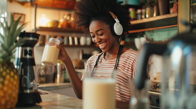 A Black Woman Wearing Headphones Smiles And Makes A Smoothie With Milk