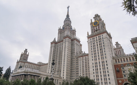 The building of Moscow State University in late autumn, close-up, photographed 11.09.2023