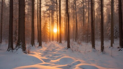 Winter forest at sunset 