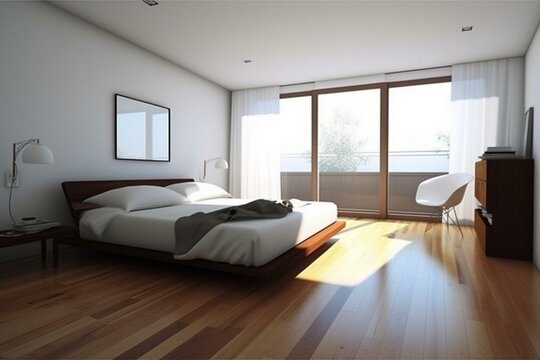 Modest bedroom showcasing 3D minimalist design: wooden floor, white wall, big window, carpet... Generative AI