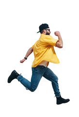 Full length view of handsome hipster guy with beard active running through the air on color...