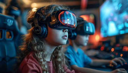 Cyberspace Concept. Happy children wearing VR helmet, experiencing virtual reality, colorful environment