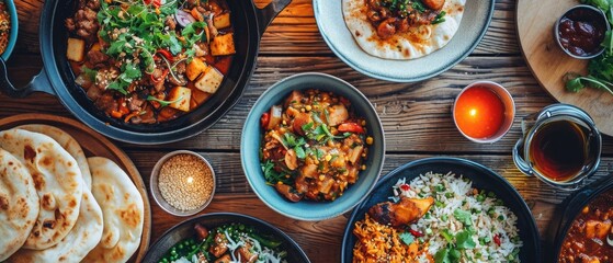 Aerial shot of third-culture cuisine dishes in a fusion restaurant, cultural blend with ambient lighting and rich colors - obrazy, fototapety, plakaty