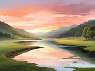 stunning digital painting of a serene countryside at dusk