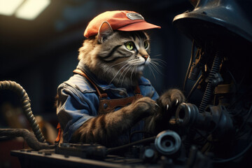 Fototapeta na wymiar Handyman cute cat doing mechanic repair