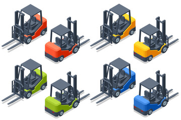 Isometric forklift isolated on white background. Forklift truck. Hydraulic machinery. Forklift truck with man driving. © Golden Sikorka