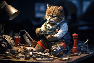 Handyman cute cat doing mechanic repair