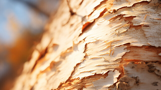 Birch bark in macro, white and yellow flakes of tree bark with black stripes, a perfect background symbolizing the connection with nature. 