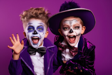 Happy Halloween Carnival costumes and cheerful kids, purple background