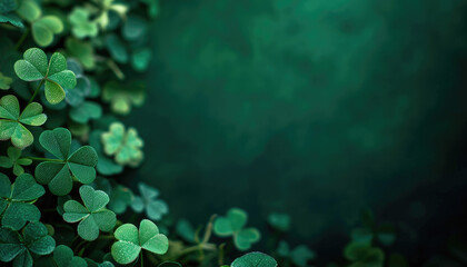 Solid dark green background with lots of free space with a bit of a realistic small photo of Shamrock clover leaves at the edges - obrazy, fototapety, plakaty
