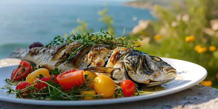 Grilled fish with vegetables against a seascape background. 
