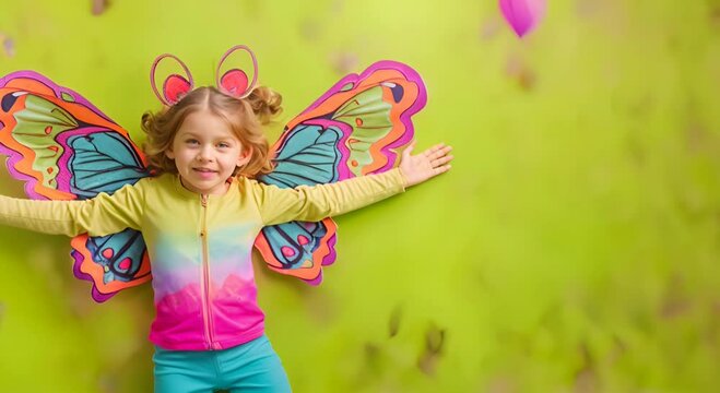 child in butterfly costume on a green background. Concept of joy and playfulness.