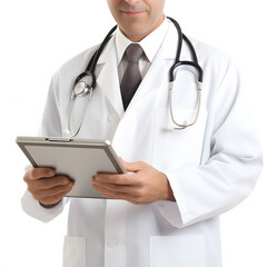 Doctor reviewing a patient's health records on a tablet isolated on white background, detailed, png
