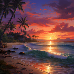 A vibrant sunset over a tropical beach. 