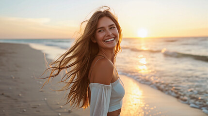 Fototapeta na wymiar woman on a beach during sunrise, warm lighting serene joyful beautiful