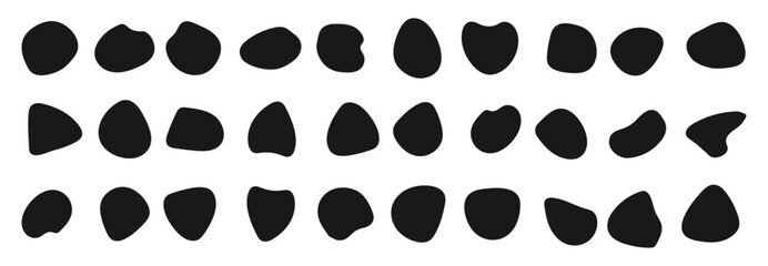 Modern liquid irregular blob shapes abstract elements. Random blob shapes. Black cube drops. Basic stains isolated elements on white background. - obrazy, fototapety, plakaty