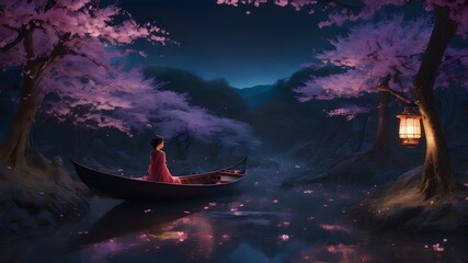 illustration of Japanese women on the boat in the lake night time pink fantasy forest 
