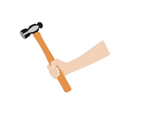 Hand holding a hammer on a white background.