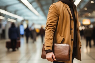 Backpack man wearing warm clothes waiting for departure in the airport. ai generated