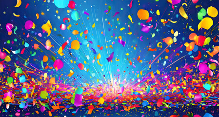 colorful party with flying neon confetti on a blue background - obrazy, fototapety, plakaty
