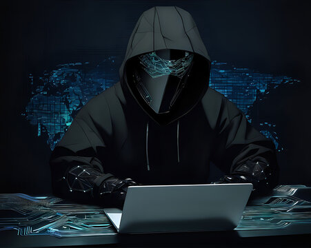 hacker with a mask in a hoodie sitting in front of a laptop, black hoodie techie, cypherpunk background
