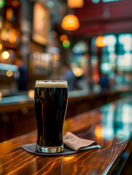 A pint of dark stout beer stands alone on the polished wood of a welcoming pub bar, with warm ambient lighting reflecting off its surface