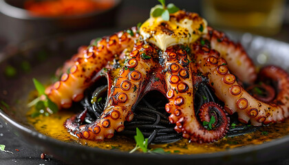 Grilled Galician octopus leg with sauce on a festive colorful plate looking delicious