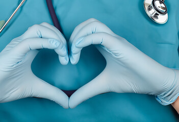 Doctor's hands in medical gloves in shape of heart on blue background
