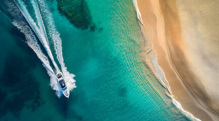 An aerial shot captures a speedboat cutting through turquoise waters near a golden beach, leaving a frothy trail in its wake