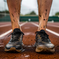 Naklejka premium Ground-level view of a runner's muddy shoes on the red track, poised at the starting line, embodying determination