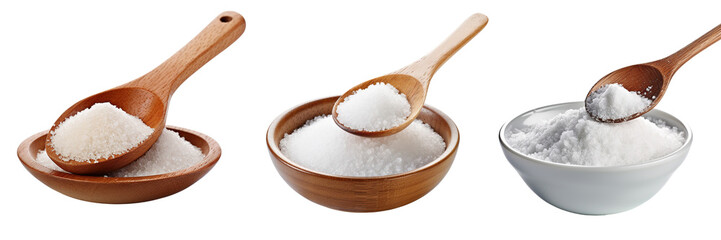 Collection of spoons holding salt in bowl, spices powder, isolated on transparent or white background	