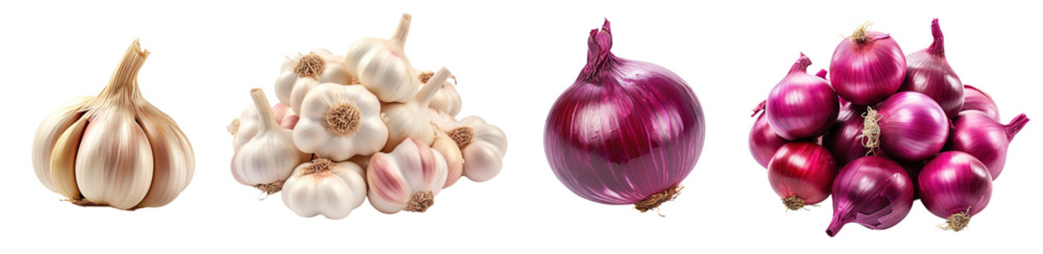 Collection of purple onions and garlics isolated on transparent or white background	