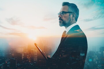 Double Exposure of Businessman and Cityscape