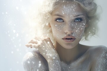Snow Ice Queen. portrait of a woman in a snow winter. woman with silver glitter on her skin. - obrazy, fototapety, plakaty