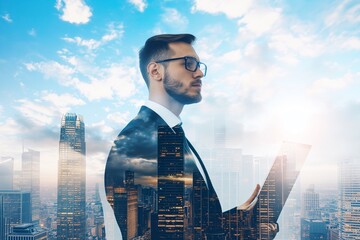 Fototapeta premium Double Exposure of Businessman and Cityscape