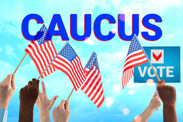 Election Day, caucus background, hands holding flag USA