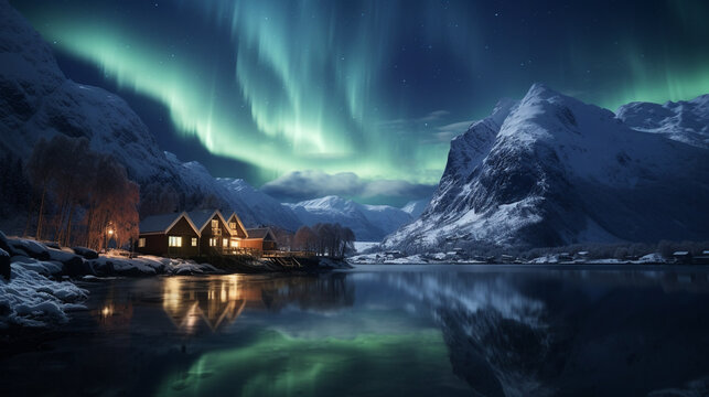 Norway Northpole Northern Aurora Light at Night with wooden houses cabins