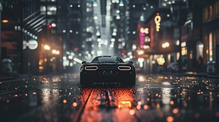 Sports Car Driving Through Rainy City Streets at Night. Generative ai - obrazy, fototapety, plakaty