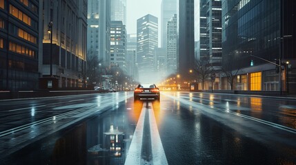 Sports Car Driving Through Rainy City Streets at Night. Generative ai