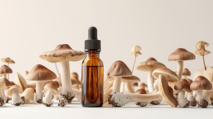 supplement tincture bottle surrounded by fungi mushrooms on grey background