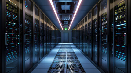 Corridor in Operational Data Center Filled with Rack Servers and Supercomputers. Visualization of Cloud Storage Advantages Icon. - obrazy, fototapety, plakaty